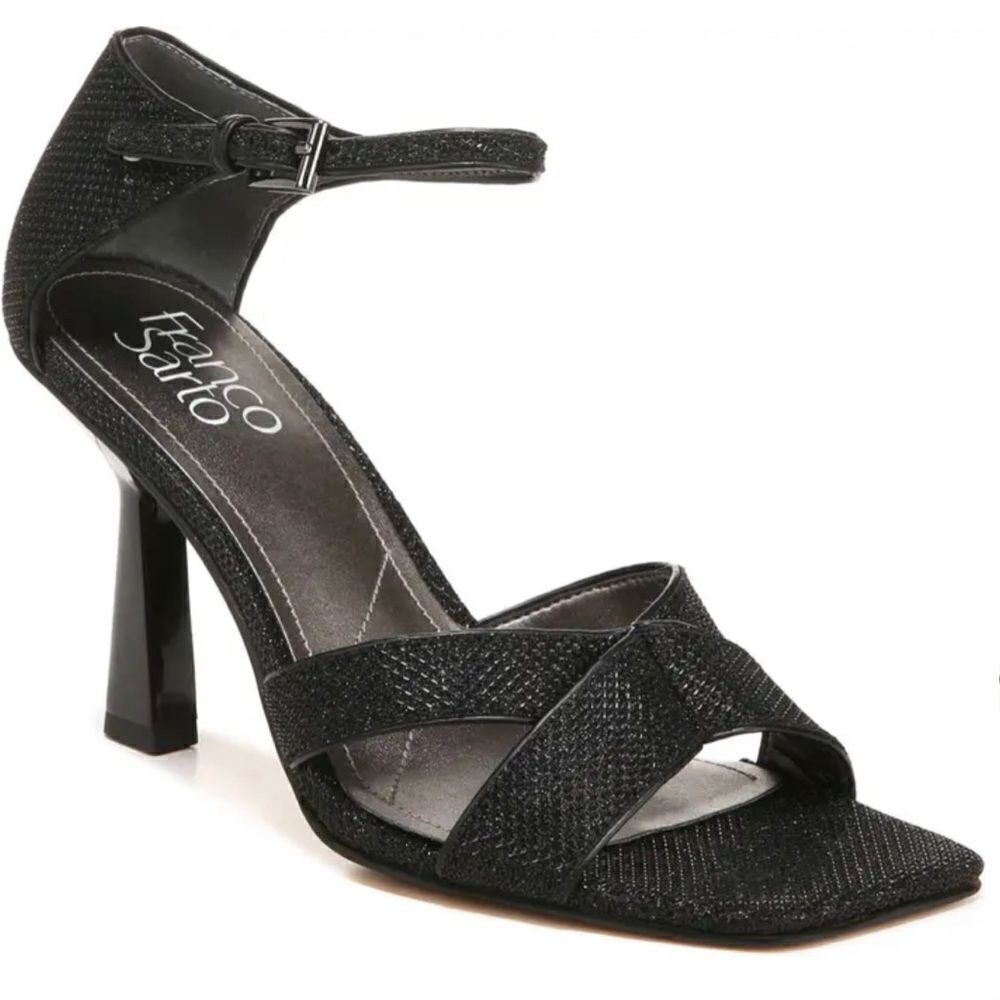 Franco Sarto Rania Women’s Metallic Black Ankle Strap Open Toe Heels Size 7